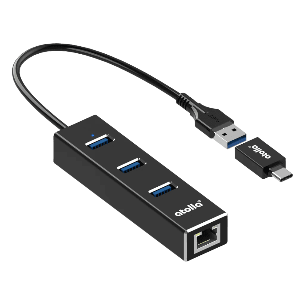 USB Ethernet Hub with 3 USB Ports and USB-C Adapter